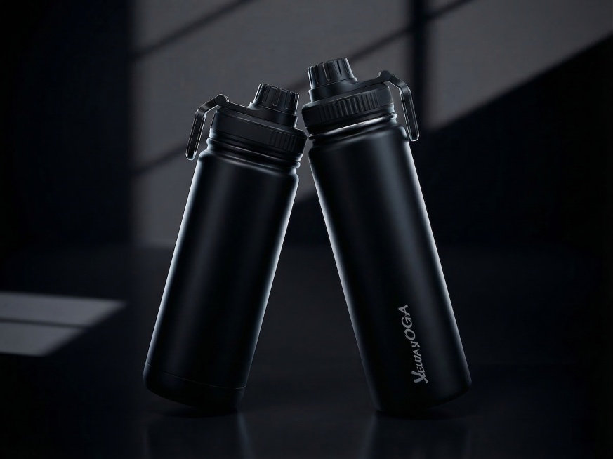 在原图基础上，将右侧蓝色水瓶改为纯黑色磨砂不锈钢材质，保持水瓶主体结构、logo文字"VEUAYOGA"不变，保持原来的构图、光影、百叶窗投影和深黑色暗调背景，整体风格一致。负向提示词：瓶身扭曲，Lo预览效果