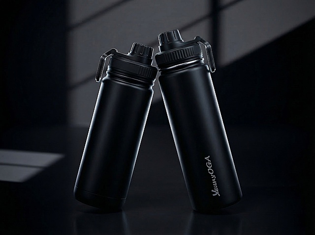 在原图基础上，将右侧蓝色水瓶改为纯黑色磨砂不锈钢材质，保持水瓶主体结构、logo文字"VEUAYOGA"不变，保持原来的构图、光影、百叶窗投影和深黑色暗调背景，整体风格一致。负向提示词：瓶身扭曲，Logo变形，多余的盖子，缺失的部件，变形的手柄，水印，文字，死黑阴影，畸变透视，比例失调，塑料感