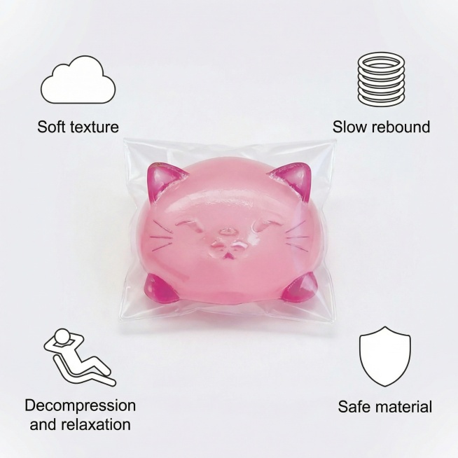 Functional display of maltose cat squeeze toy, with core selling points marked with simple icons: 1.预览效果