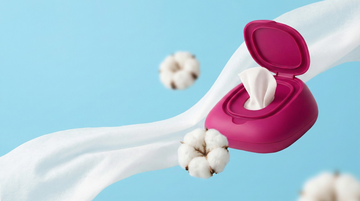 按照参考图2的感觉，生产品海报图。画面干净，重点突出产品。一张长长的漂浮的湿巾在产品下面，湿巾上面漂浮着产品（产品是参考图1），周边有两朵棉花，一朵实，一朵虚化。湿巾从中下方飘到右上方的位置。背景色是预览效果