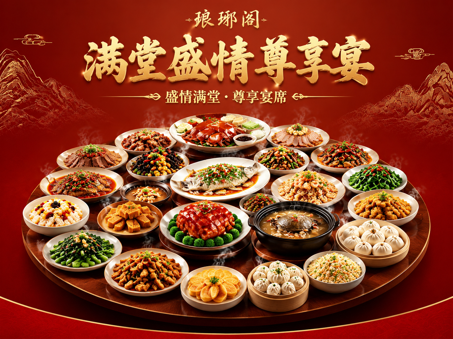 抖音团购套餐主图，参考图设计风格——新中式奢华风：深红/酒红色… - 图片创意预览