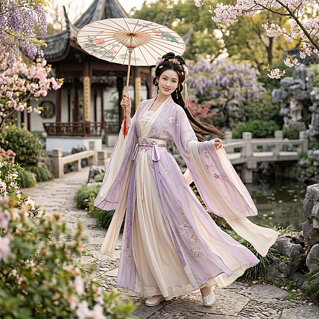 工笔风与刺绣风交织，古典中式庭院中，女子执伞轻步，紫白汉服飘逸如诗，樱花纷飞间尽显唯美浪漫与优雅文艺之韵。