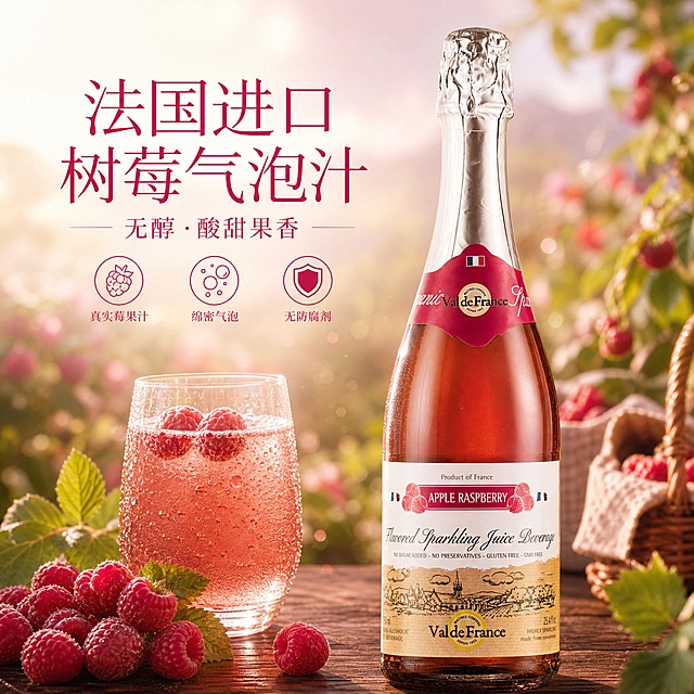 [单张主图] Val de France 法国进口苹果覆盆子味无醇气泡果汁 高级氛围感主图 用于菜单页面 高清有食欲有树莓酸甜果香感
[画面主体] 一瓶 Val de France 苹果覆盆子味气泡果汁完整居中偏右放置 瓶身标签 玫红色瓶帽 银色铝箔 覆盆子图案 全部与输入产品图一致 瓶身玻璃通透 瓶内淡玫瑰红色液体清晰可见 主体占画面约55% 瓶身直立 底部有柔和接触阴影
[构图版式] 采用原生成分型高级氛围感版式 产品位于画面中右部 左侧留白放置主标题与轻量卖点图标 底部用真实台面承托 背景虚化突出主体
[场景元素] 背景为浪漫法式莓果园午后场景 远处虚化的覆盆子树丛与粉紫色柔和阳光 前景散落一小堆新鲜覆盆子树莓 果实饱满带细小绒毛与水珠 旁边有绿色莓果叶片 画面左下角有一杯倒好的覆盆子气泡果汁 杯壁挂满细密冷凝水珠 杯中气泡升腾 杯口放几颗新鲜覆盆子 果汁呈诱人玫瑰粉色 台面为深棕色木质桌面 纹理细腻有质感 空气中漂浮极少量细小气泡光点 增加酸甜灵动氛围
[文案版式] 左上区域放置主标题 第一行大号字"法国进口 树莓气泡汁" 第二行稍小号字"无醇·酸甜果香" 主标题下方排列3个细线图标卖点 分别为 树莓图标配"真实莓果汁" 气泡图标配"绵密气泡" 盾牌图标配"无防腐剂" 字体为细衬线体 字色为深玫红色 与瓶身玫红色呼应 文字清晰不遮挡瓶身标签
[光影质感] 午后暖调柔光从右后方斜射 瓶身玻璃有明亮高光带 玫瑰红色液体通透有光泽 覆盆子果实表面有自然绒毛质感与高光 杯壁水珠晶莹 整体光影柔和浪漫 浅景深 背景虚化 产品边缘清晰 无硬切感
[配色字体] 主色为浪漫玫红与米白色 辅助色为粉紫色阳光与深木棕色 强调色为深玫红色标题字 字体选用优雅细衬线体 主标题字号最大 卖点图标文字缩小50%以上 层级分明
[比例分辨率] 1:1正方形 2K高清 文字清晰可辨 产品细节锐利
[负向提示词] 瓶身变形 标签错字模糊 覆盆子图案错误 背景杂乱 水印 平台Logo 人物面部 饮酒动作 悬浮无阴影 颜色偏差 低清晰度 多余手指 畸形物体