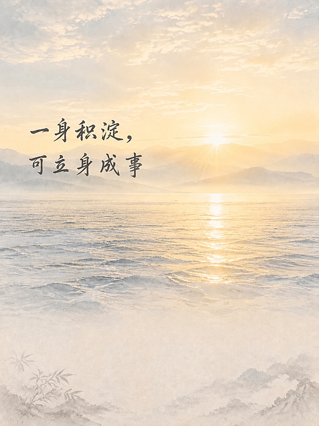 保持清晨海平面远景不变，将两行居中的文字"一身积淀，
可立身成事"整体向左移动，避开太阳位置，保证太阳完整露出，保持浅色调淡雅国风风格
