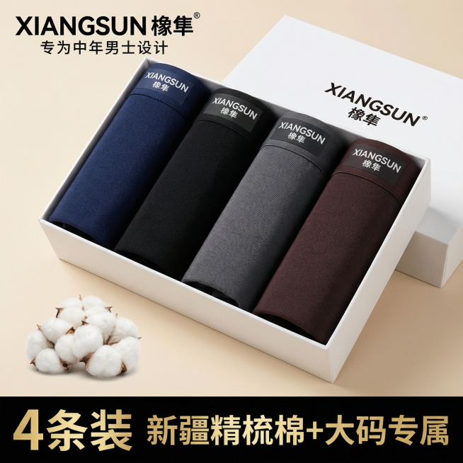 [主图 1] 橡隼品牌男士大码平角内裤产品首图
[氛围/风格] 专业商业摄影，高级质感，符合拼多多电商主图规范，低清晰度，模糊，噪点，文字乱码，多余元素，LOGO错误，产品变形，杂乱背景，过曝，色差，预览效果