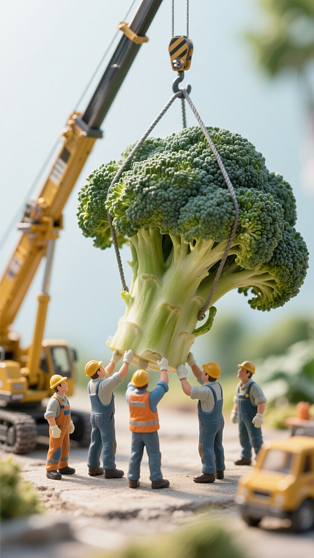 微缩艺术风，卡通小人合力搬运巨型西兰花，趣味感十足，创意独特。
