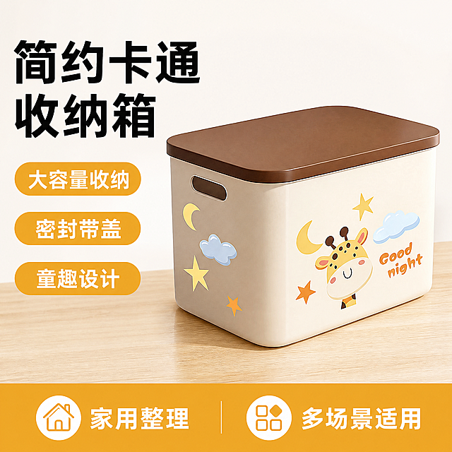 [单张主图] 卡通长颈鹿图案收纳箱，高点击率爆款促销感主图，风格简约突出产品主体放大展示，适配拼多多平台。
[画面主体] 收纳箱主体，角度为45°斜侧视角，主体占比约70%，颜色为奶米白搭配棕色顶盖，箱体表面保持原长颈鹿月牙星星云朵图案和文字"Good night"不变，保持产品外观（物理结构、材质质感、图案颜色）与输入产品图绝对一致，杜绝任何变形和色差，精细化处理。
[构图版式] 采用左文右品标签参数型版式，左侧38%放粗黑主标题和卖点标签，右侧产品居中立体摆放，底部放高对比权益信息条。
[场景元素] 背景采用浅色到奶白色渐变，干净留白，不抢主体，底部加浅原木台面承托收纳箱，增加真实质感。
[文案版式] 左上左对齐：大字主标题"简约卡通收纳箱"，下方3个胶囊卖点标签："大容量收纳"、"密封带盖"、"童趣设计"；底部通栏权益条放文字"家用整理 多场景适用"。文字信息层级清晰，主标题最大，卖点标签次之，权益条文字最小。
[光影质感] 主光为前方柔和自然光，均匀打亮收纳箱箱体，辅光为侧面反光弱化阴影，产品边角轮廓清晰，材质呈现细腻塑料磨砂质感，背景干净无杂物，景深适中，主体突出，整体商业摄影高清质感。
[配色字体] 主色奶白浅棕（取自产品），强调色提取长颈鹿棕黄，字体采用粗黑无衬线，主标题粗厚醒目，文字对比清晰。
[比例分辨率] 1:1 比例，2k 分辨率，文字清晰可辨，超高清。
[负向提示词] 变形，水印，文字错乱，产品图模糊，背景杂乱，主体遮挡，错字，伪Logo，结构错误