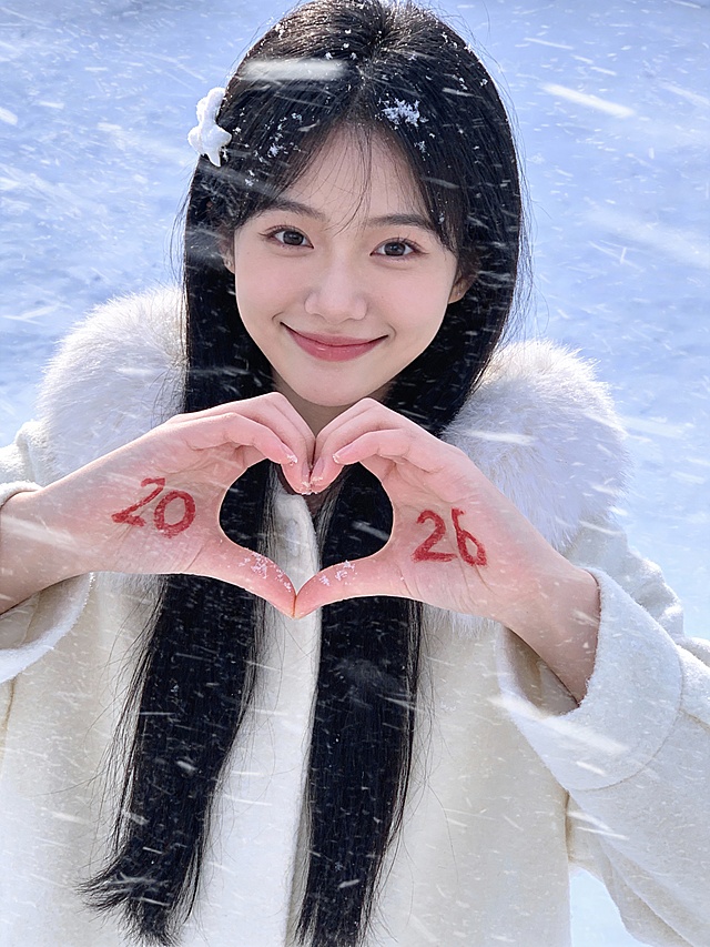 雪中少女双手比心，手写“2026”字样，胶片风滤镜加持，梦幻唯美，清新柔和，实景感十足，手账风点缀冬日浪漫。