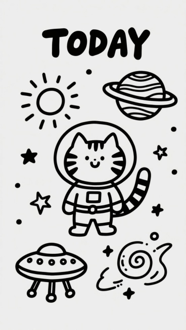 黑白线条手绘风格，简约可爱的卡通插画，图片上方有手写体风格的黑色文字“TODAY”，画面中央是穿着宇航服的卡通猫咪，它有着圆圆的脑袋、微笑的表情、条纹状的毛发和胸前的方形标志，周围环绕着圆形太阳（带放射状线条）、五角星、行星（一个有环状、一个有条纹）、飞碟（带三个支架）以及螺旋状星云图案，所有元素均以流畅的黑色轮廓线绘制，无内部填充，整体构图平衡，充满童趣和太空主题的轻松氛围。预览效果