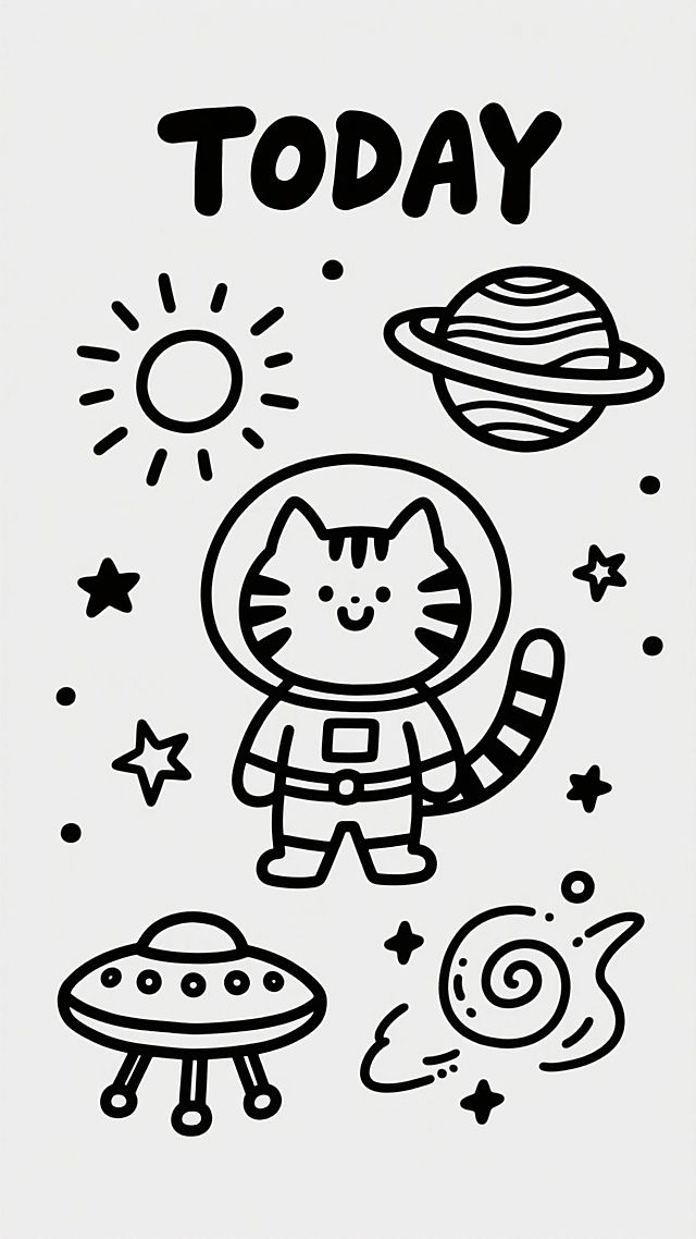 黑白线条手绘风格，简约可爱的卡通插画，图片上方有手写体风格的黑色文字“TODAY”，画面中央是穿着宇航服的卡通猫咪，它有着圆圆的脑袋、微笑的表情、条纹状的毛发和胸前的方形标志，周围环绕着圆形太阳（带放射状线条）、五角星、行星（一个有环状、一个有条纹）、飞碟（带三个支架）以及螺旋状星云图案，所有元素均以流畅的黑色轮廓线绘制，无内部填充，整体构图平衡，充满童趣和太空主题的轻松氛围。