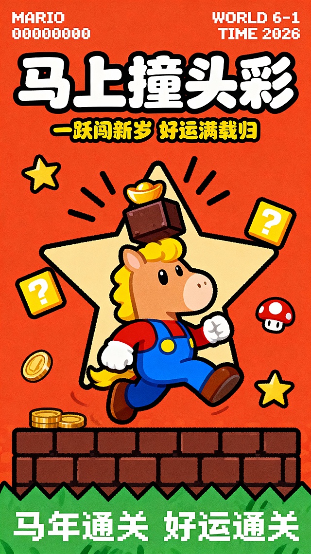 纯扁平风，随意的线条，抖动黑色描边画，橙红色背景，底部是深棕色砖块平台与绿色草地，浅棕色拟人小马，有着黄色马鬃，穿马里奥同款红蓝黄配色服装，跳跃闯关姿态，头顶撞上深棕色方块砖与元宝，马背后是一个大星星底衬，周围环绕黄色问号方块、金币、星星、红色蘑菇元素。
文案排版为：顶部左侧是白色像素字体 “MARIO” 与数字 “00000000”，右侧是 “WORLD 6-1” 与 “TIME 2026”；中间是白色可爱粗体主标题 「马上撞头彩」；主标题下方是黄色圆润小字副标题「一跃闯新岁    好运满载归」，呼应小马跳跃闯关的视觉；底部是一行白色像素字体「马年闯关    好运通关」