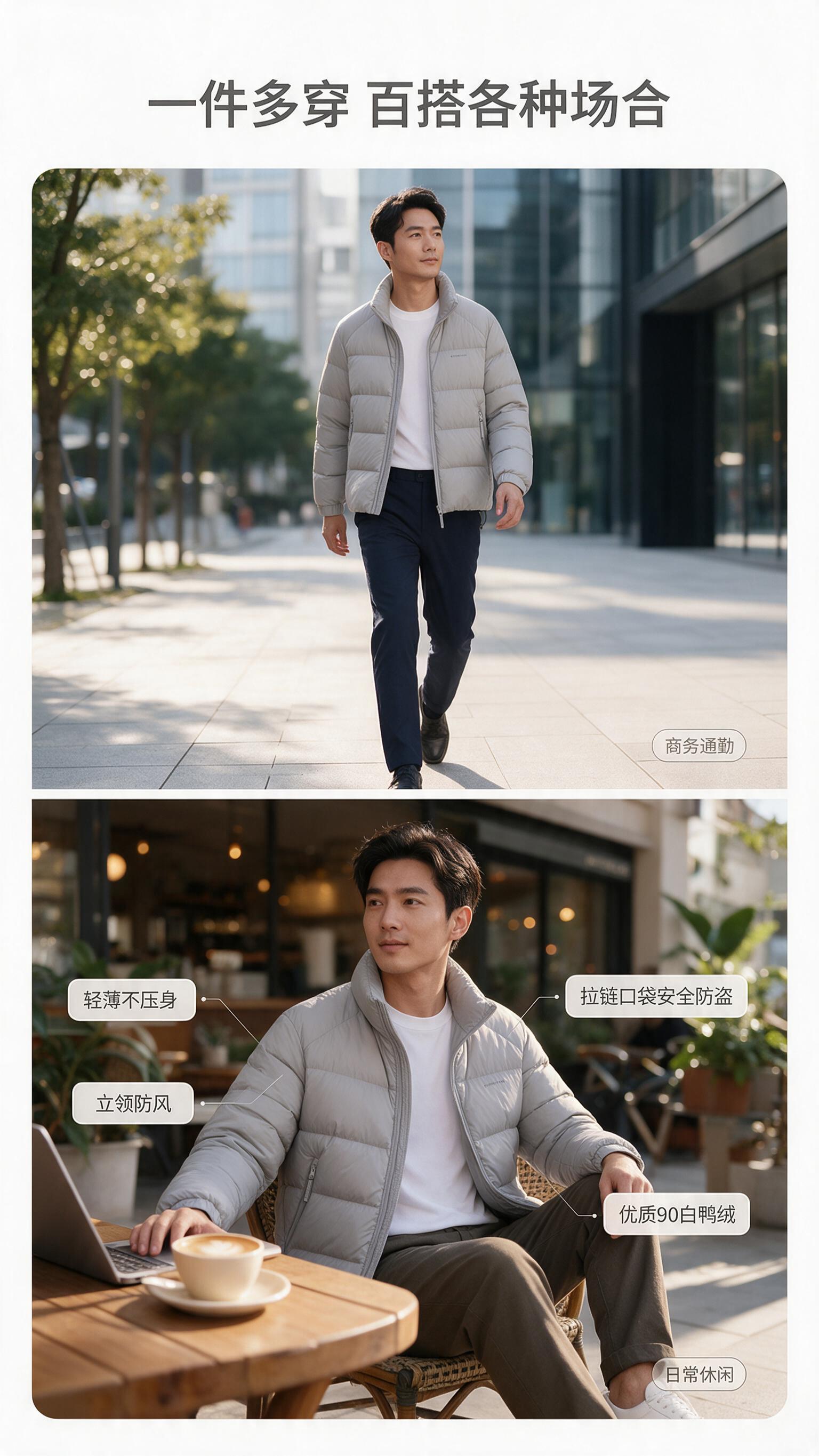 [商品] 使用【图1】浅灰色男士立领短款轻薄羽绒服；商品处理：… - 图片创意预览