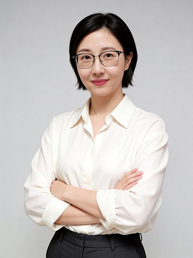 参考第一张图保留人物脸型､年龄等特征生成职场形象照,参考第二张图人物占位和比例,标准焦段50mm,F/4光圈(F/2.8-F/4区间),平视视角(镜头与人物视线齐平);人物占画面70%,人物居中(居中构图),位于画面中心,为视觉聚焦点,入境范围头部及以下至臀部下方10cm(半身像);左右留少量背景空间;头部与画面顶部保留5%空间;头部发型完整;肤质白皙细腻,头肩比例协调,美颜磨皮韩式精致自然的浓妆,均匀肤色提亮肤色,身穿宽松休闲米白色翻领衬衫,剪裁简约利落,下装搭配深黑灰色直筒西裤,干练通勤风格;双臂交叉于胸前,手臂舒展自然,姿态自信且从容;主体锐利,双侧打柔和光,美颜磨皮精致浓妆,通透水光肌,零粉感伪素颜底妆,肤质细腻无毛孔,白皙,肌表带自然润泽高光,杏粉色哑光眼影轻扫眼睑(仅提亮轮廓),极细内眼线(填充睫毛根部),自然深棕带细微高光点美瞳;唇妆:哑光橘红色口红,唇色饱满浓郁,唇面细腻粉质柔焦感,唇部水润,自然好气色无妆感边界;均匀肤色提亮肤色,发质柔顺光泽,眼神直视镜头,站立姿势,目光坚定且澄澈,表情自然.嘴角上扬,气质自信从容大气;均匀肤色,专业人像摄影写真,头部完整;光比1:1.5,4800K中性光,修饰脸型,肤质哑光细腻,面部雾面柔光,轻透裸肌感,真实毛孔纹理,32K画质,去除人物之外的所有元素,零噪点降噪,简约暖调中灰度纯色背景｡严格按照第一张图内容生成｡