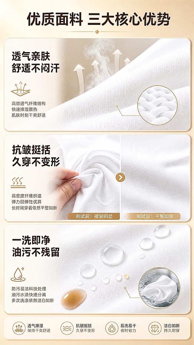 [商品] 使用【图1】白色长袖立领厨师服面料局部；保留白色面料颜色与纹理质感；放大面料纤维细节，增强纹理清晰度。
[画面] 目标：面料功能展示页，突出透气、抗皱、易洗三大特性。构图：三宫格竖排，每格展示一个面料功能。主体占比：每格面料/场景占80%。景别：微距+中景结合。阅读动线：从上至下依次阅读三个功能。前中后景：每格为独立小场景，分别展示透气测试、抗皱测试、易清洗测试。场景：面料实验测试场景，专业感强。
[视觉] 套系策略：风格=高端餐饮商业摄影风；标题字=粗黑体；正文字=简洁黑体；主色=纯白+暖金；背景延展=基于暖金色调做深浅层级、同色渐变和细腻纸张质感；强调色=深棕金，仅用于小面积图标、引线和标签；标题色=深棕；正文色=暖灰；组件=圆角信息卡、细线引线、金色分割线；光影=均匀柔光突出面料质感。
[文字] 顶部主标题"优质面料 三大核心优势"；第一格透气："透气亲肤 舒适不闷汗"配图下面料透气示意；第二格抗皱："抗皱挺括 久穿不变形"配褶皱恢复示意；第三格易洗："一洗即净 油污不残留"配水滴滚落示意；每格底部配功能图标与说明文字。
[规格] 图片比例9:16竖版，4K，避免变形、错字、文字过小、冷蓝/蓝灰背景、面料颜色改变。