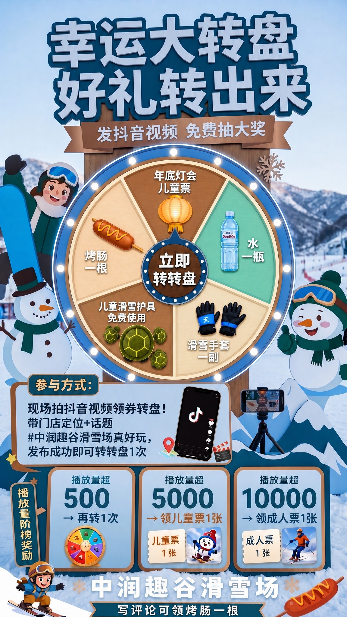 基于图1的滑雪场抽奖海报进行修改：1. 将海报中央的大转盘整体… - 图片创意预览