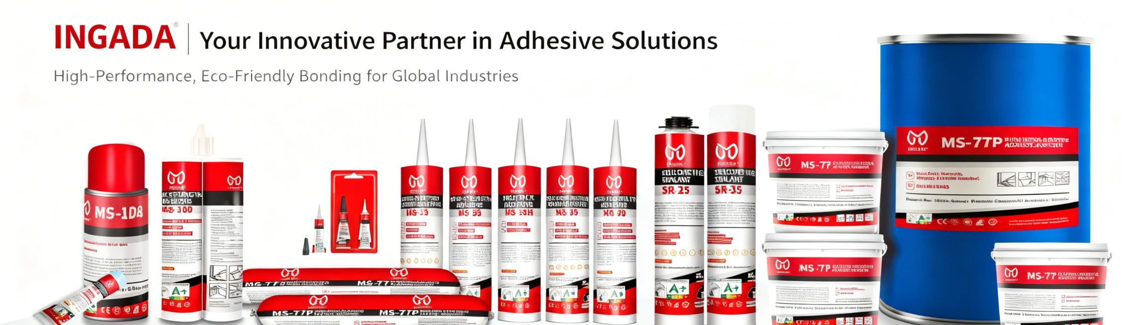 在图片上方添加横幅广告，主标题为"INGADA | Your Innovative Partner in Adhesive Solutions"，副标题为"High-Performance, Eco-预览效果
