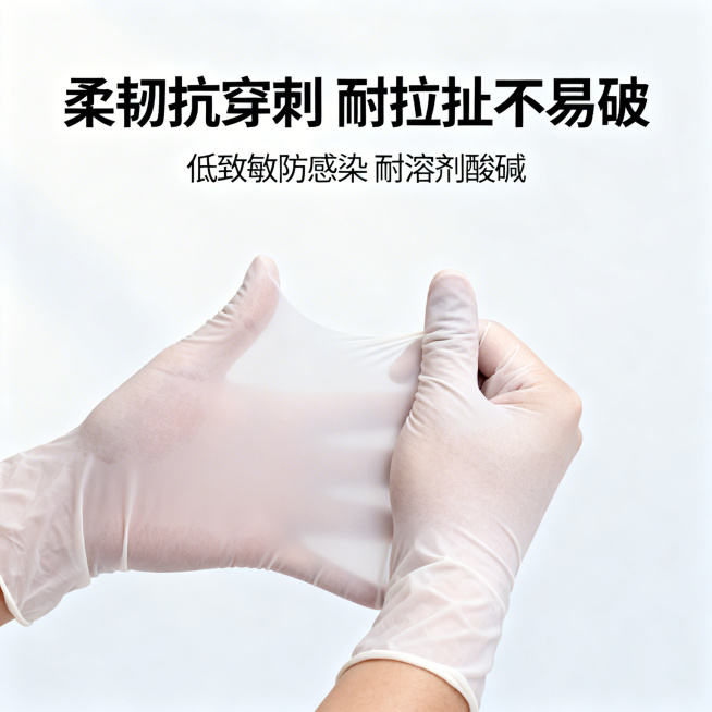 丁腈手套电商主图卖点页，浅色干净背景，展示用力拉扯丁腈手套不变形的效果，顶部大字"柔韧抗穿刺 耐拉扯不易破"，搭配卖点"低致敏防感染 耐溶剂酸碱"，主体突出，风格清爽专业，1:1比例预览效果