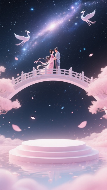 顶部有银河鹊桥悬浮于星空，牛郎织女站在桥上相拥（不要超过画面中间）；画面下半部分有一个梦幻粉白色圆形展台（不要出现任何东西）在画面底部，柔光粒子飘散。预览效果