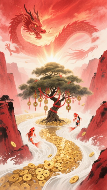 水墨风格插画，留白构图，低饱和度红色背景，梦幻氛围，简单干净。史诗般的场景，一条由无数金币和金元宝汇成的巨大河流在红色峡谷中奔腾流淌，天空中祥龙身影在红色霞光中若隐若现，龙鳞反射金光，河中央生长一棵挂预览效果