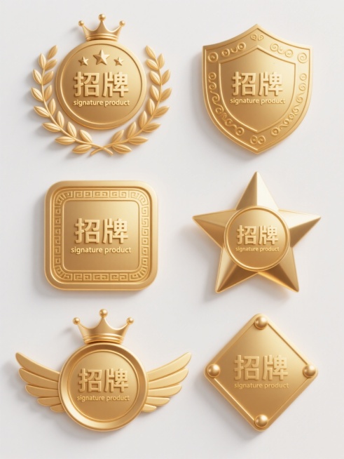 一组6个金色徽章系列素材，每个徽章均保持核心元素：中文“招牌”文字、英文“signature product”、顶部小皇冠，采用相同的金色渐变金属质感、高光阴影表现和精致细节刻画，背景为纯色白色。6个徽章造型完全不同：1. 圆形徽章，外围环绕月桂枝叶和顶部五颗五角星；2. 盾形徽章，边缘有卷草花纹装饰；3. 方形徽章，四角为圆角处理，边框有回纹图案；4. 星形徽章，五角星形轮廓，内部圆形区域放……预览效果