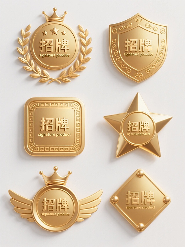 一组6个金色徽章系列素材，每个徽章均保持核心元素：中文“招牌”文字、英文“signature product”、顶部小皇冠，采用相同的金色渐变金属质感、高光阴影表现和精致细节刻画，背景为纯色白色。6个徽章造型完全不同：1. 圆形徽章，外围环绕月桂枝叶和顶部五颗五角星；2. 盾形徽章，边缘有卷草花纹装饰；3. 方形徽章，四角为圆角处理，边框有回纹图案；4. 星形徽章，五角星形轮廓，内部圆形区域放置文字；5. 椭圆形徽章，两侧有对称的翅膀元素；6. 菱形徽章，每个角有小圆形装饰。所有徽章规整排布，保持统一的3D立体风格、金色调色彩和谐、光影效果和高品质质感，形成风格统一又造型多样的系列设计。