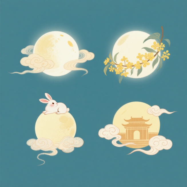 4个中秋满月素材，第1个（圆月+祥云环绕）；第2个（圆月周围点缀桂花）；第3个（月亮顶部趴着一只兔子）；第4个（月亮里有一个小宫殿剪影两边点缀祥云）。纯色背景，上下两行各2个，排列整齐预览效果