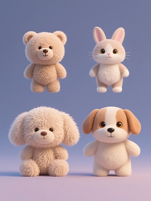 一套4个不同动物毛绒玩具的系列素材集合，每个毛绒玩具都具有超写实的3D质感，柔软蓬松的短绒毛纹理清晰可见，高光和阴影处理细腻自然，呈现出真实的光影效果，每个玩具都采用正面直立的姿态，占据画面中心位置，背景为纯色且每个玩具对应不同的纯色背景，整体色彩风格统一但每个元素背景色彩各异，所有元素规整排布在同一画面中，形成和谐的系列感，毛绒玩具包括小熊、小兔、小猫和小狗，每个动物都有圆润可爱的造型，明亮的眼睛和自然的色彩搭配，整体风格保持一致的温馨、可爱、高品质感。