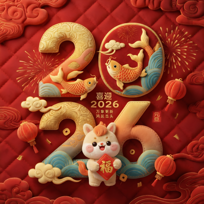 国潮风格插画，暗红色背景带有祥云纹理，巨大的设计感十足的“2026”数字，数字内部填充金色鲤鱼、锦纹和绽放的烟花，前景有一个可爱的Q版卡通福马环绕在数字旁，手捧“福”字，周围点缀飘散的金色祥云、红色灯预览效果