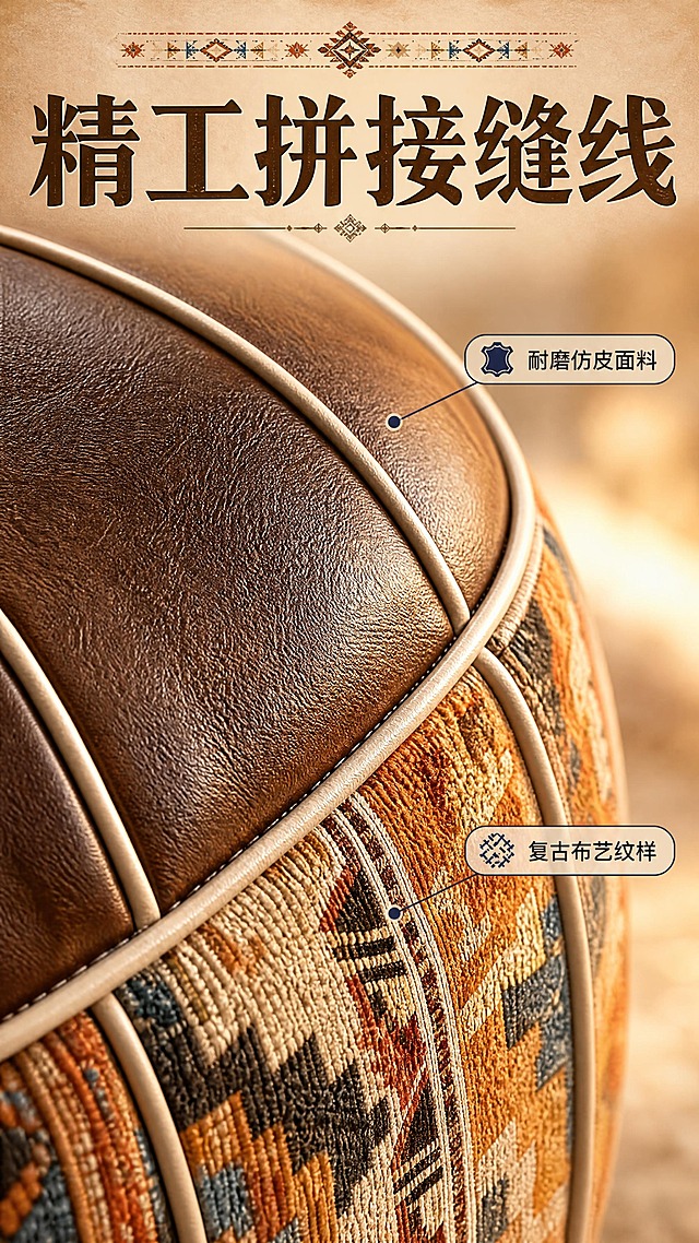[商品] 使用【图7】坐墩材质细节特写；保留棕色仿皮顶面纹理、白色滚边缝线、侧面复古地毯纹样布艺、拼接结构；增强皮革颗粒质感、布艺编织纹理和缝线针脚精细度，不改变材质表现和颜色。
[画面] 目标：材质工艺细节页。构图：对角线构图，产品局部特写占满画面约80%，从左下延伸至右上。景别：微距特写。场景：虚化暖光背景，突出材质纹理和缝线工艺。阅读动线：从右上到左下，沿缝线走向浏览。前中后景：前景皮革+缝线细节、中景布艺纹样、后景虚化暖光。
[视觉] 套系策略：风格=复古波西米亚风商业家居摄影；标题字=粗黑体带复古衬线气质；正文字=简洁无衬线黑体；主色=暖棕焦糖色；背景延展=基于暖棕做米杏-浅棕-深棕同色系深浅层级，加入织物纹理和暖光质感；强调色=藏蓝色，仅用于小面积图标、引线和标签；标题色=深棕色；正文色=暖灰色；组件=圆角米色信息卡、细线引线、复古纹样装饰条；光影=侧暖光，突出材质纹理立体感。
[文字] 顶部大标题「精工拼接缝线」，右侧两条引线分别标注「耐磨仿皮面料」和「复古布艺纹样」，配圆角标签，文字横向排版。
[规格] 图片比例9:16竖版，4K分辨率，负向提示：避免变形、错字、文字过小、冷蓝背景、材质质感失真、结构错乱。