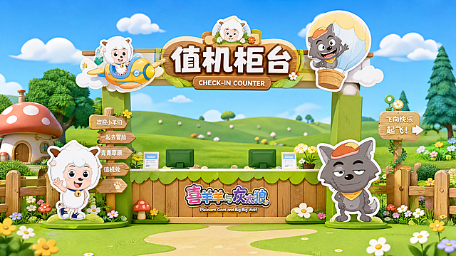PPT内页，喜羊羊主题值机柜台效果图，背景是青青草原，摆放喜羊羊灰太狼立牌，蘑菇屋栅栏装饰，活泼卡通风格，明亮色彩