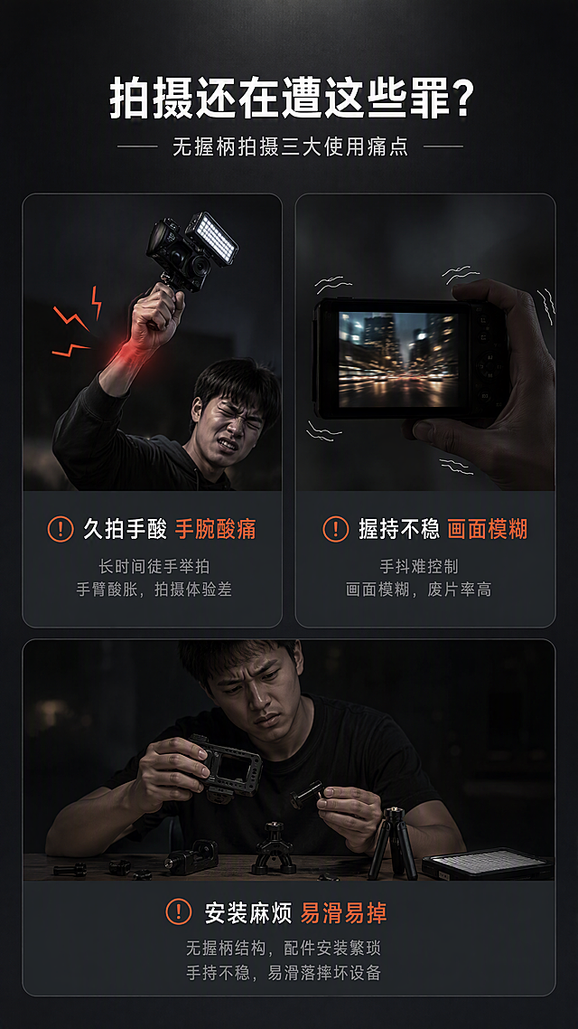 [第2张] 详情页痛点直击页-传统拍摄握持方式的痛点。本张无需产品图，为纯痛点场景示意页。
[氛围/风格] 写实生活场景风，偏暗调压抑感，对比突出痛点，京东数码类理性表达风格。
[元素布局] 画面分为上中下三层：上层为标题区；中层左右分栏展示两个痛点场景，左侧是徒手举设备拍摄手酸的场景（一只手举着相机/补光灯设备，手腕僵硬酸痛，旁边有酸痛标识），右侧是握持不稳画面糊的场景（拍摄的照片模糊不清，手抖示意线）；下层为第三个痛点（没有握柄设备安装麻烦，手持不稳易掉落）。背景为深灰色渐变，每个痛点配灰色场景底框。
[光影质感] 整体偏暗调，痛点区域有微弱顶光，突出困扰感，阴影较重，营造使用不便的压抑氛围。
[配色色系] 全局底色 #2A2D33 深灰；主色深灰场景+白色文字；辅助色橙红色 #FF6B35 高亮痛点关键词；点缀色灰色分割线。
[视角构图] 竖版上下构图，阅读动线从上到下，痛点分栏清晰。
[文字版式] 顶部主标题「拍摄还在遭这些罪？」，副标题「无握柄拍摄三大使用痛点」；三个痛点分别配标题：「久拍手酸 手腕酸痛」「握持不稳 画面模糊」「安装麻烦 易滑易掉」，每个痛点下配2行小字说明；痛点关键词用橙红色高亮；文字清晰可读，移动端友好。
[比例分辨率] 9:16 竖版比例，4K 分辨率，文字清晰可辨，高清画质。
[负向提示词] 产品图出现，水印，文字错乱，文字过小，画面杂乱，京东logo或平台标识，绝对化用语。