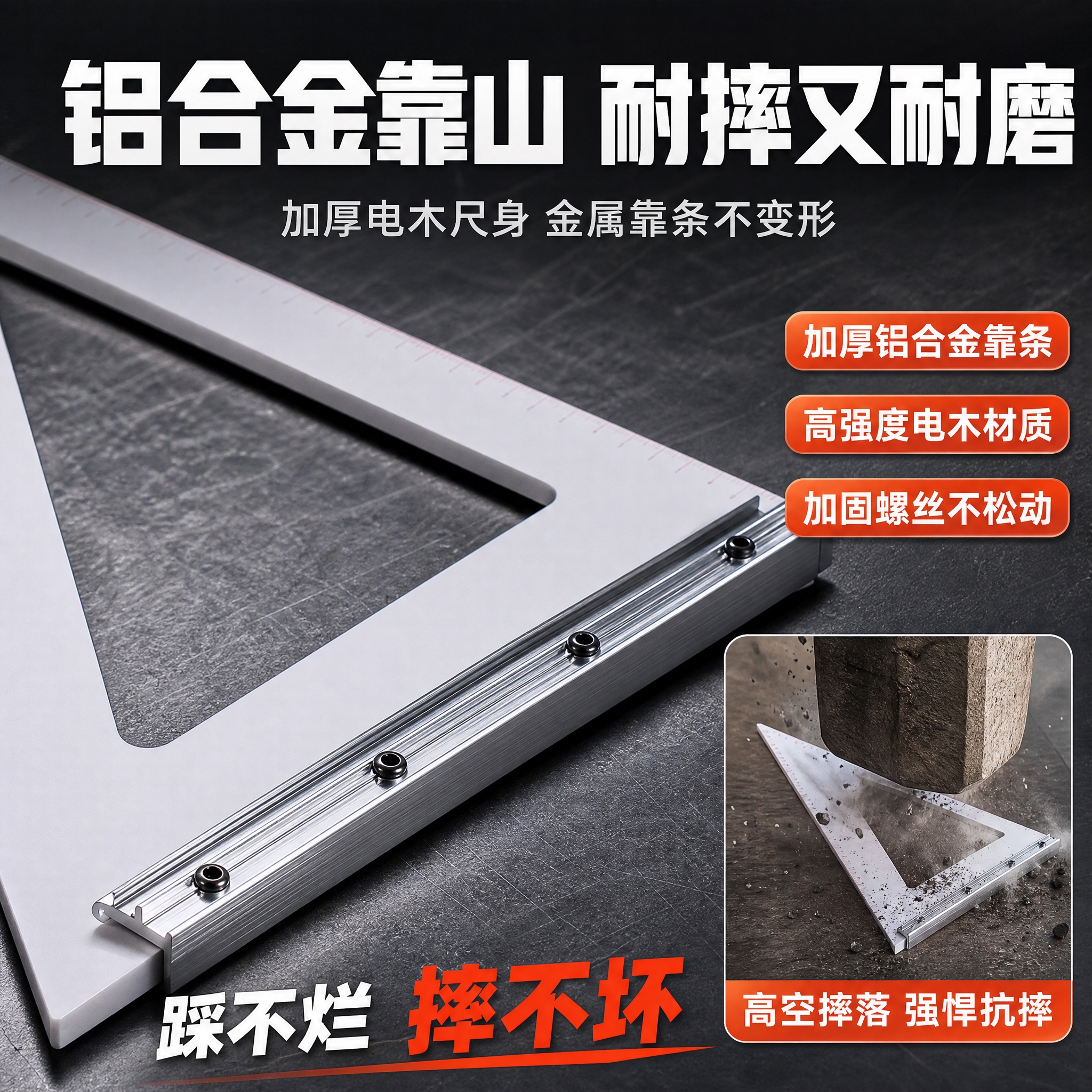 [主图-3] 材质与工艺细节，主题：铝合金靠山+耐摔耐磨，展示… - 图片创意预览