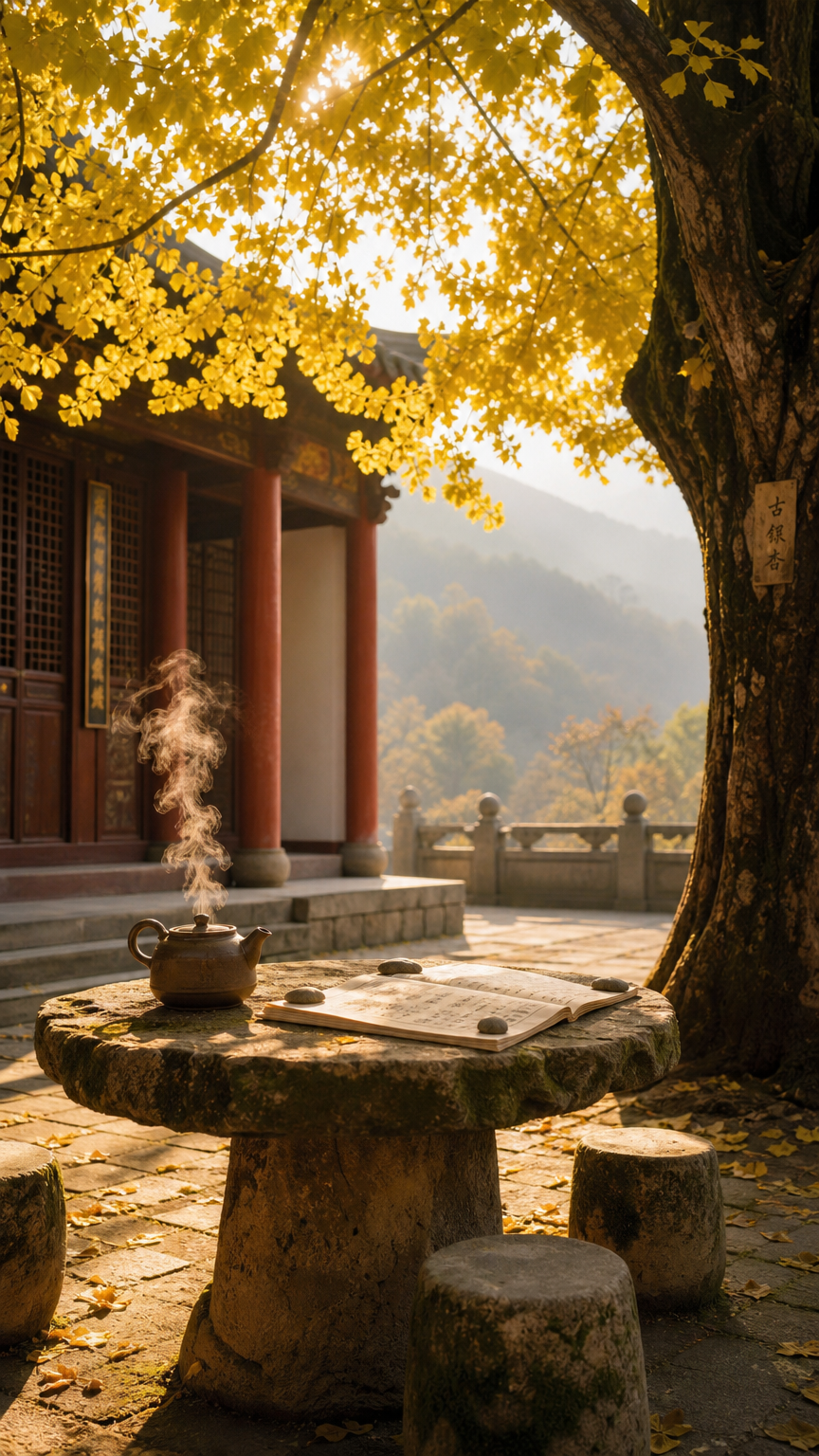实景拍摄风格，中景侧面45度视角，寺院中的古银杏树下摆放着石桌… - 图片创意预览