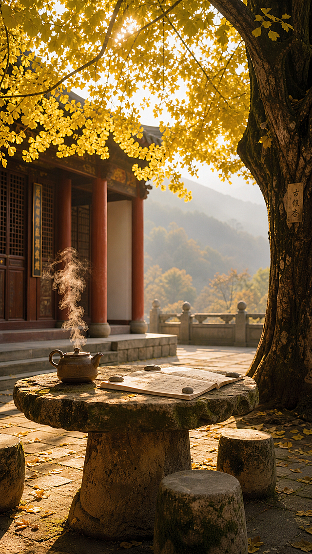 实景拍摄风格，中景侧面45度视角，寺院中的古银杏树下摆放着石桌和石凳，石桌上有一只粗陶茶壶正冒着热气，一本经书摊开，四角用光滑的卵石压住。午后温暖的阳光从银杏树叶的缝隙中筛落下来，在地面和石桌上形成斑驳的光影。背景可见寺院殿宇的朱红色柱子和半掩的木门，远处的山峦模糊在薄雾中。整体暖黄色调，通透明亮，充满静心禅院的宁静禅意氛围。超写实摄影风格，细节丰富，电影级光影，高画质