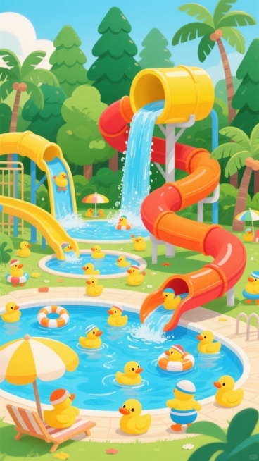 一幅充满活力的水上乐园插画，采用明亮活泼的卡通风格，以绿色、黄色、蓝色为主色调，整体色彩明快和谐。画面中分布着多个水上娱乐设施，包括蜿蜒的红色螺旋滑梯、大型的黄色水桶瀑布、橙色的直线滑梯，还有漂浮着鸭子造型游泳圈的蓝色水池。众多戴着泳帽的黄色小鸭子们在乐园中尽情游玩，有的从滑梯上欢快滑下，有的在水中嬉戏，有的躺在岸边的遮阳伞下休息。背景是茂密的绿色松树和棕榈树，营造出热带乐园的氛围，整体构图丰……预览效果