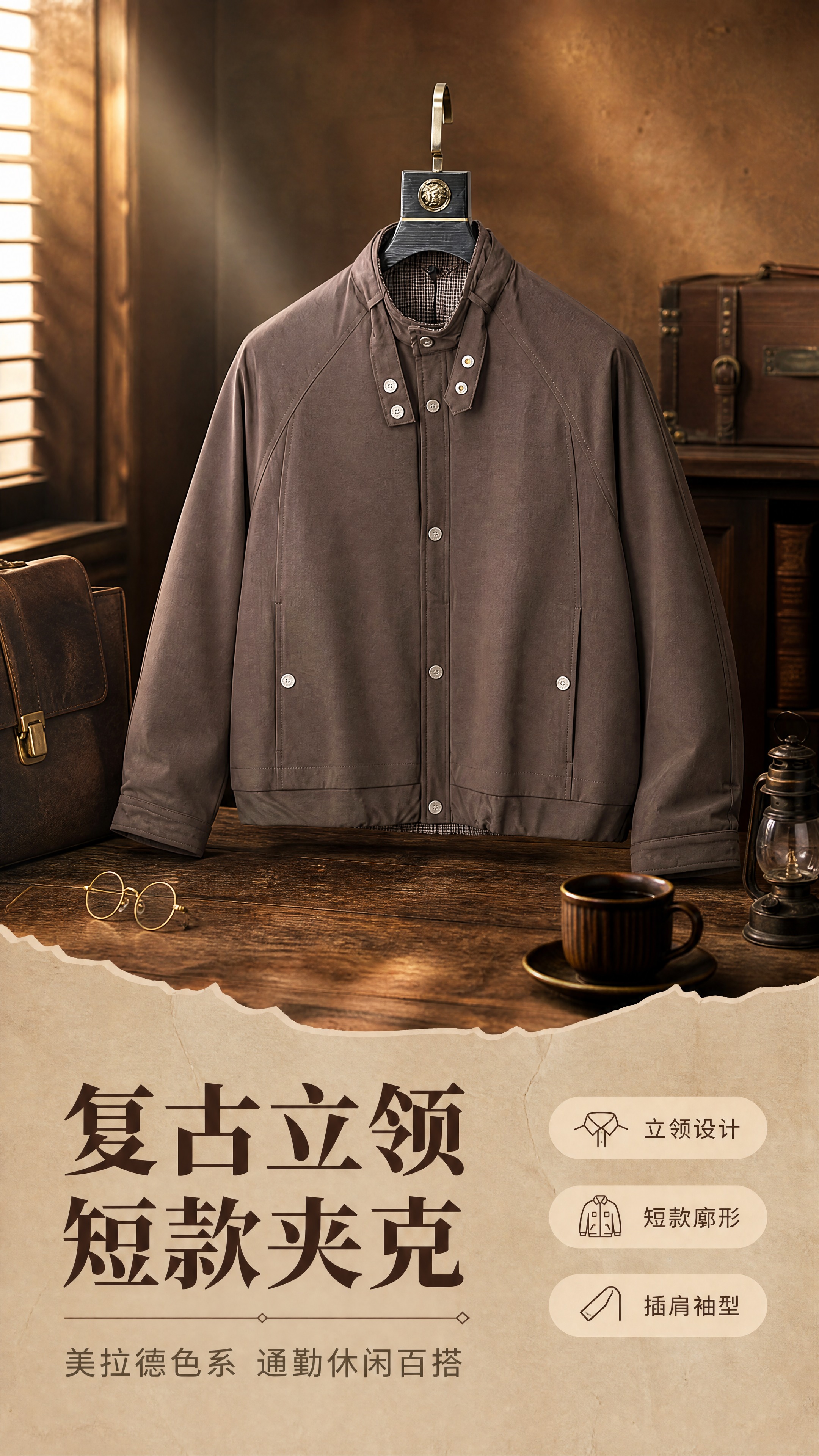 [商品] 使用【图1】美拉德棕色立领短款夹克；商品处理：保留立… - 图片创意预览