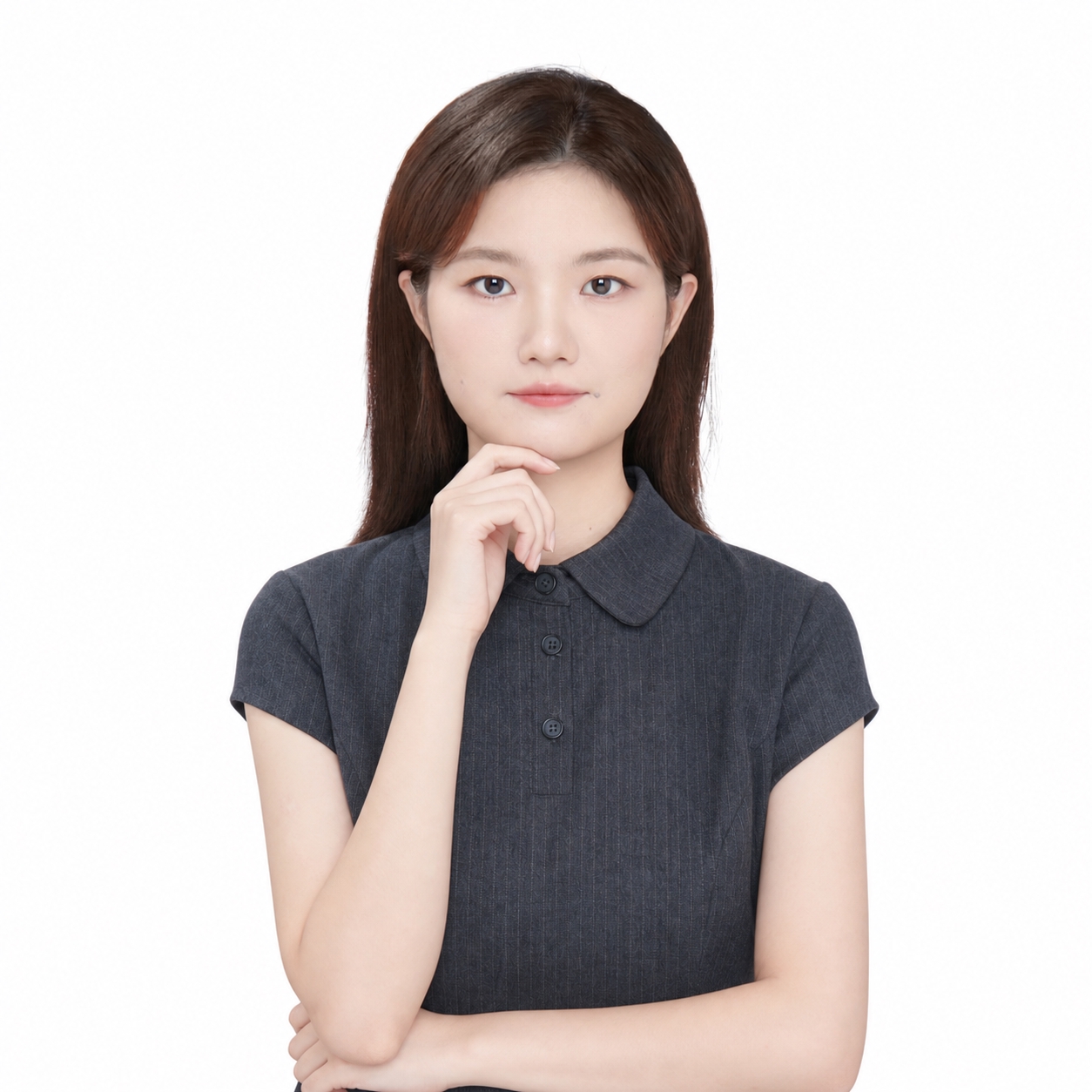 将图中人物的手势修改为参考图1的姿势：右手抬起，手指轻托下巴，… - 图片创意预览