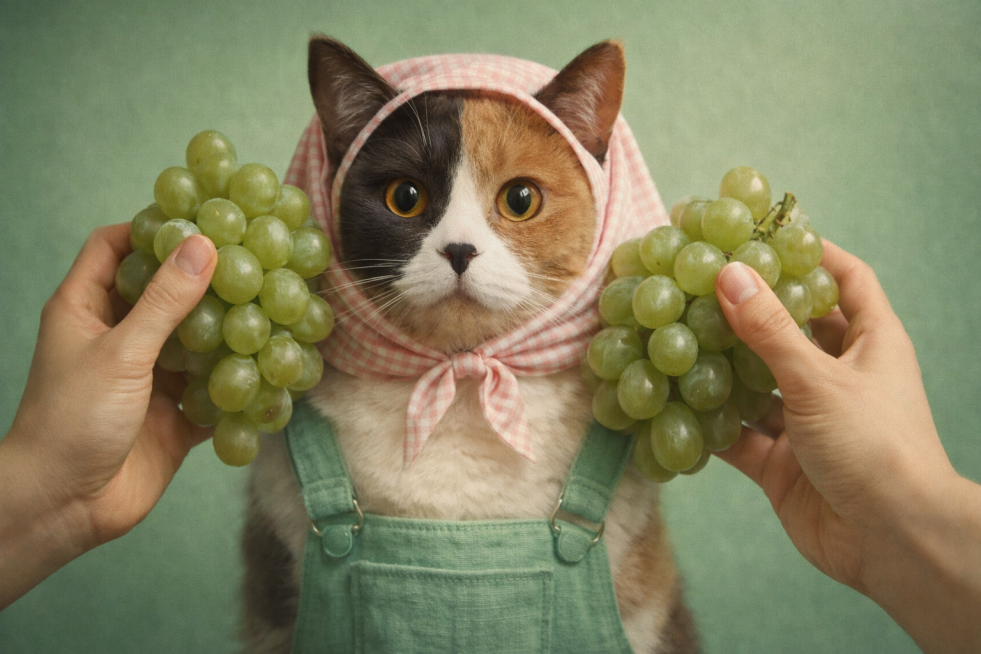 参考原图猫咪形象，保持猫咪脸部不变，生成复古风宠物写真，薄荷绿色背景，猫咪头戴浅粉色格纹头巾，头巾包裹头部露出耳朵，猫咪身穿薄荷绿背带裤，有人双手各持一颗青色葡萄放在猫咪脸颊两侧，电影级光影，照片级真预览效果