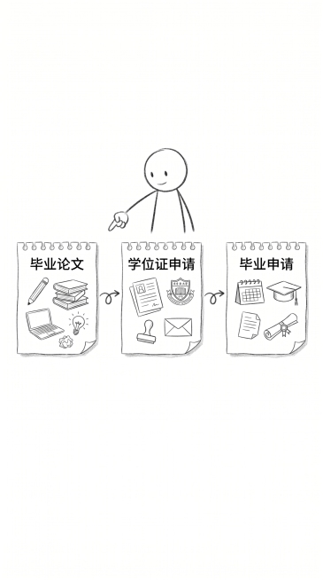 手绘涂鸦风格，极简简笔画，黑白线稿，随意铅笔线条，温馨日记漫画风格，干净白色背景，大量留白，纯线条艺术。9:16竖屏1080×1920尺寸，将三张便签卡片从左到右水平并排排列：从左到右依次为毕业论文卡预览效果