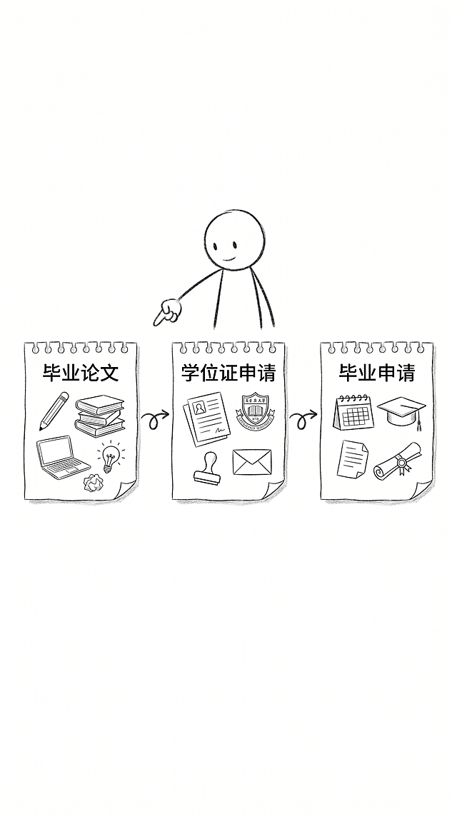 手绘涂鸦风格，极简简笔画，黑白线稿，随意铅笔线条，温馨日记漫画风格，干净白色背景，大量留白，纯线条艺术。9:16竖屏1080×1920尺寸，将三张便签卡片从左到右水平并排排列：从左到右依次为毕业论文卡片、学位证申请卡片、毕业申请卡片，相邻卡片之间用箭头连接，一个火柴人站在三张卡片的上方位置，伸手指着整体流程进行讲解，保留每张卡片原有内容和撕边便签设计，整体线条风格保持和参考图完全统一，纯白底大留白，无多余色彩