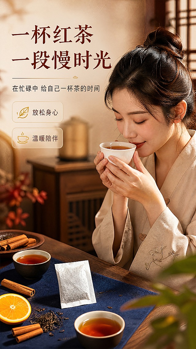 [商品] 使用【图5】正山小种茶包与茶汤；保留白色滤纸茶包形态、茶汤红亮色泽、蓝色布垫与橙子肉桂道具元素；增强茶汤通透质感与整体氛围。
[画面] 目标：模特生活方式页，亚洲女性优雅品茶场景，传递品质生活方式。构图：左文右图，右侧为亚洲年轻女性半身入镜，双手捧白瓷茶杯，低头轻嗅茶香，神态优雅放松；左侧桌面散落茶包、干茶叶、肉桂条与橙子片点缀，背景为暖调中式茶室环境。人物占画面45%，茶与道具占35%，营造温馨下午茶氛围。
[视觉] 套系策略：风格=中式雅致高级商业摄影；标题字=宋体粗体带书法气质；正文字=简洁黑体；主色=朱红+暖棕；背景延展=基于暖棕红做深浅层级、同色渐变和宣纸/木纹质感；强调色=鎏金色，仅用于小面积图标、引线和标签；标题色=深棕红；正文色=暖棕灰；组件=圆角浅底信息卡、细线引线、茶叶icon；光影=暖调自然光从窗侧洒入，柔和漫射，人物面部光线均匀。
[文字] 左上主标题"一杯红茶 一段慢时光"，副标题"在忙碌中 给自己一杯茶的时间"，下方2个情绪利益点："放松身心""温暖陪伴"；文字全部横排，位于左上留白区，不遮挡人物与茶杯主体。
[规格] 图片比例9:16竖版，4K，避免变形、错字、文字过小、冷蓝背景、人物表情僵硬、茶汤颜色失真。
