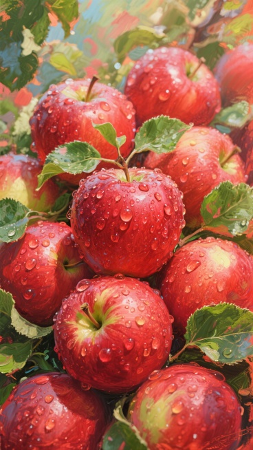 一堆鲜红饱满的苹果，表面覆盖着晶莹剔透的水珠，翠绿的叶子点缀其间，采用印象派风格，色彩明快鲜艳，笔触奔放富有动感，光影斑驳陆离，营造出充满活力的艺术氛围，画面整体呈现出热烈而富有生命力的感觉。预览效果