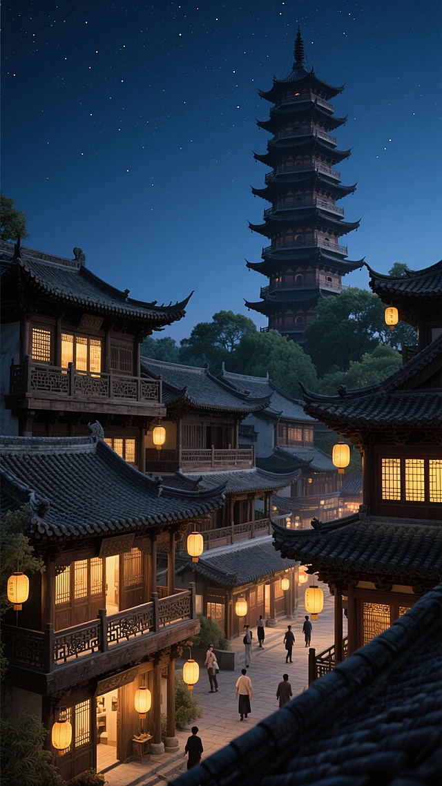 写实风格的中国古代建筑群，前景是错落有致的多层木质结构楼阁，灰黑色瓦片屋顶，雕花栏杆，底层有悬挂的灯笼和行走的游人，背景是高耸的多层宝塔，周围环绕绿树。画面整体转换为夜晚环境，配色以深蓝、靛青为基调，建筑檐角和门窗透出暖黄色灯光，灯笼点亮，天空点缀疏朗星辰，营造静谧而古朴的夜间氛围，保持原建筑的形态、结构细节和空间布局。