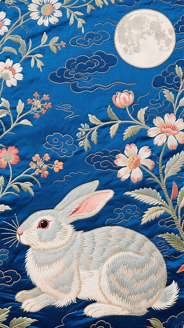 工笔刺绣风，蓝底金线勾勒玉兔望月，花枝云纹交织，古典唯美中透出梦幻优雅，中秋佳节意境悠然。