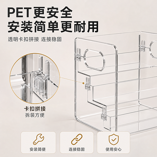 [主图-3] 材质细节与安装结构 主题：PET更安全 安装简单 承重更耐用。[统一基调] 淘宝天猫专业品质风格，整体暖白米色浅灰家居色调，标题深灰近黑色粗体无衬线大字，辅助文案浅灰中号字，强调色用清透金棕色点缀，图标为简约线性图标配圆角浅底卡片，字体统一为现代无衬线体，字号层级分明，画面干净明亮有秩序感。[画面] 画面主体为透明PET收纳盒的卡扣拼接结构特写，侧视角展示侧面的透明卡扣连接方式，与参考图中的卡扣结构完全一致。左侧放大展示卡扣细节的圆形放大镜区域，清晰呈现卡扣拼接的精密结构和厚壁质感。右侧主体展示完整收纳盒侧面，三层卡扣结构清晰可见，体现连接稳固。背景为浅灰色纯净背景，突出材质和结构细节。顶部放主标题，底部放三个品质卖点图标。[光影质感] 商业产品摄影质感，侧逆光勾勒透明PET材质的边缘光，体现通透感和厚度，卡扣部位有清晰的结构光影，底部有柔和接触阴影，整体质感高级精致。[配色] 背景浅灰渐变，产品透明无色带边缘高光，标题深炭灰色，放大镜边框金棕色，图标卡片浅底深字。[文字版式] 顶部主标题两行大字：第一行"PET更安全"，第二行"安装简单更耐用"，粗体无衬线深炭灰色。标题下方小字辅助："透明卡扣拼接 连接稳固"。左侧放大镜旁标注文字："卡扣拼接 拆装方便"。底部横向三个圆角浅底图标卡片，文字分别为："安装简便" "连接稳固" "使用安心"。[输出要求] 1:1正方形比例，2048*2048，材质细节清晰，卡扣结构真实，文字清晰。负向：结构变形、卡扣错位、文字错字、模糊、水印、平台Logo、杂乱背景。