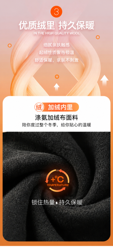 参考此图片的风格和布局，重新生成内容，保留全部文案信息：标题'优质绒里 持久保暖'，卖点'细腻亲肤触感、起绒性质聚热锁温、舒适保暖，亲肤不刺激'，副标题'加绒内里 涤氨加绒布面料，陪你度过整个冬季，给预览效果