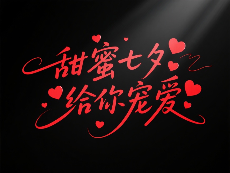 文字“甜蜜七夕 给你宠爱”，文字穿插点缀爱心。高级感，黑底红字。预览效果