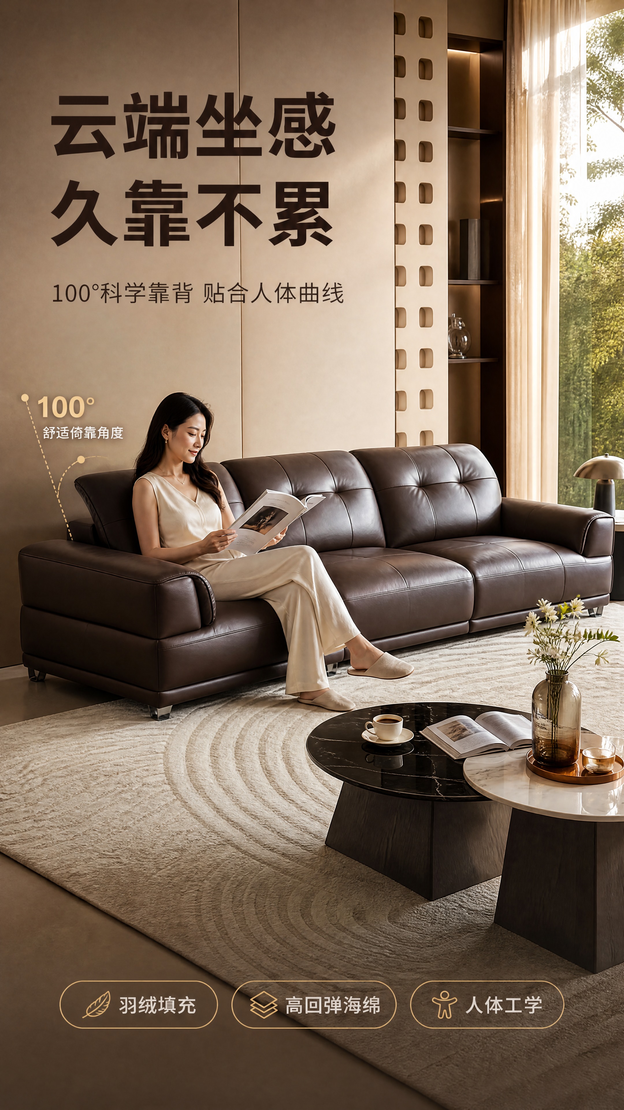 [商品] 使用【图1】深棕色头层牛皮沙发和【图2】微晶石子母圆… - 图片创意预览
