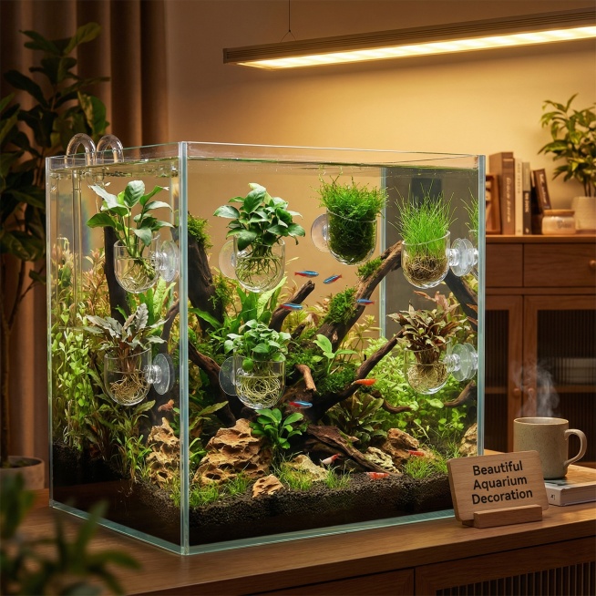 帮我生成图片：以图中的透明鱼缸植物支架为元素,带吸盘,适用于家庭水族箱造景装饰，可放置红虫鱼虾饲料,设计4张跟透明鱼缸植物支架有关的图,物体主体特征不变，英语,比例 「1:1」预览效果