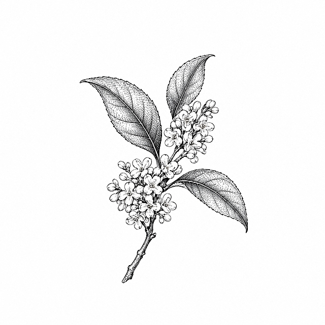 参考图中包装上的黑白铜版画/古典植物雕版线描风格，重新绘制一幅【桂花】的简笔画：极简风格，仅一枝短枝、两三片桂叶与几簇小花，线条轻盈精致、排线克制，大面积留白，纯白背景，黑白色调，无任何文字，适合作为包装面板插画
